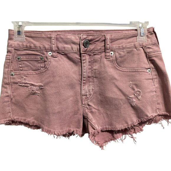 American Eagle Womens Stretch Denim Jean Shorts Sz 2 Mid Rise Distressed Pink - Picture 1 of 5